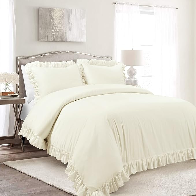 Lush Decor Reyna Ruffle 100% Cotton Duvet Cover Set - 3 Piece Cozy Ruffled Bedding Set - Timeless Elegance and Comfort - Full/ Queen, Ivory - LeafyLoom