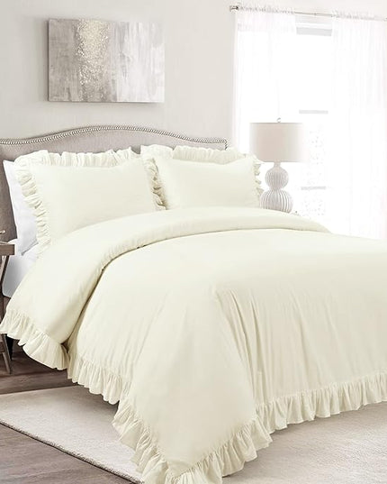 Lush Decor Reyna Ruffle 100% Cotton Duvet Cover Set - 3 Piece Cozy Ruffled Bedding Set - Timeless Elegance and Comfort - King, Ivory - LeafyLoom