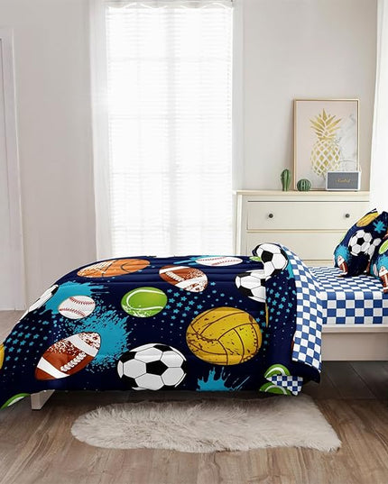 Kids Boys Comforter Set Twin Bed in a Bag w/Sheet Sets, Blue Twin Bedding Sets for Teens Soccer Basketball Baseball Football Sports Themed Bedroom Decor Reversible Design - LeafyLoom