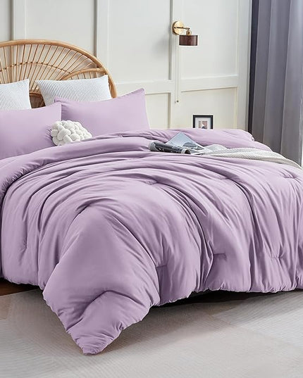 CozyLux Lavender Purple Comforter Set Queen Size, 3 Pieces Solid Breathable Quilted Boho Style Bedding Sets, Luxury Fluffy Soft Microfiber Comforter for All Season(1 Comforter & 2 Pillowcases) - LeafyLoom