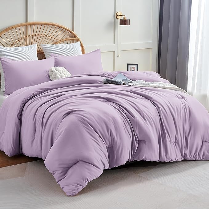 CozyLux Lavender Purple Comforter Set Queen Size, 3 Pieces Solid Breathable Quilted Boho Style Bedding Sets, Luxury Fluffy Soft Microfiber Comforter for All Season(1 Comforter & 2 Pillowcases) - LeafyLoom
