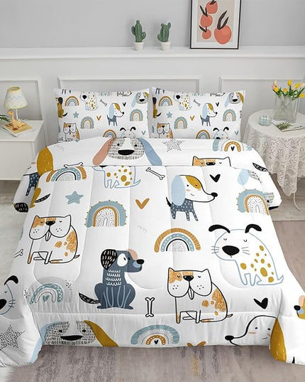 Datura home Kawaii Dogs Comforter Set Cute Dogs and Rainbow Printed Quilt Bedding Set with 1 Comforter and 2 Pillowcases for Boys and Girls Bedroom All Season(Dogs Twin) - LeafyLoom