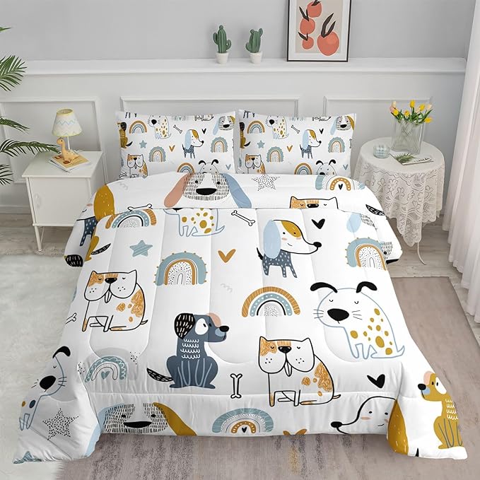 Datura home Kawaii Dogs Comforter Set Cute Dogs and Rainbow Printed Quilt Bedding Set with 1 Comforter and 2 Pillowcases for Boys and Girls Bedroom All Season(Dogs Full) - LeafyLoom