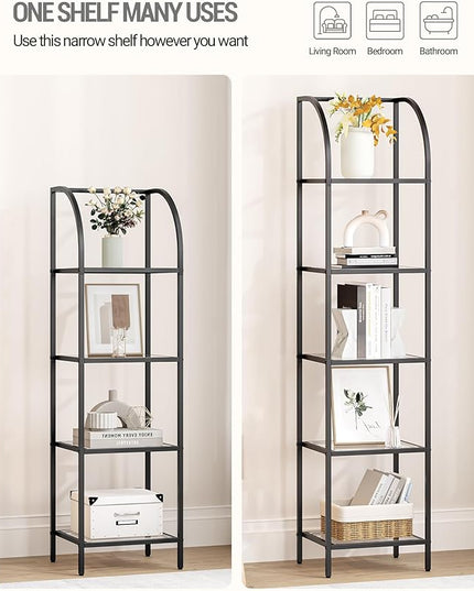 Bookcase Bookshelf, Tempered Glass Arched Bookshelf for More Storage, Slim Shelving Unit for Bedroom, Bathroom, Home Office, Steel Frame, 4 Tier Black BC20499B - LeafyLoom
