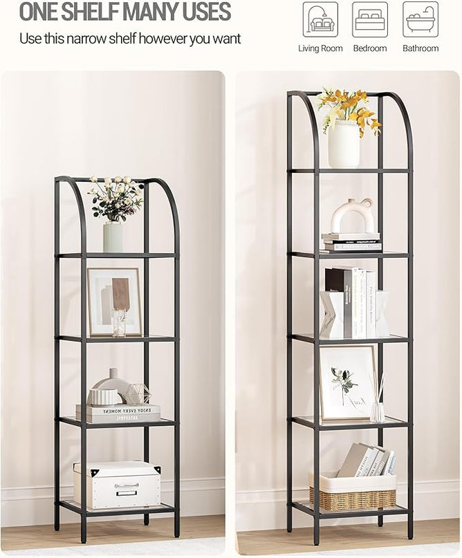 Bookcase Bookshelf, Tempered Glass Arched Bookshelf for More Storage, Slim Shelving Unit for Bedroom, Bathroom, Home Office, Steel Frame, 4 Tier Black BC20499B - LeafyLoom