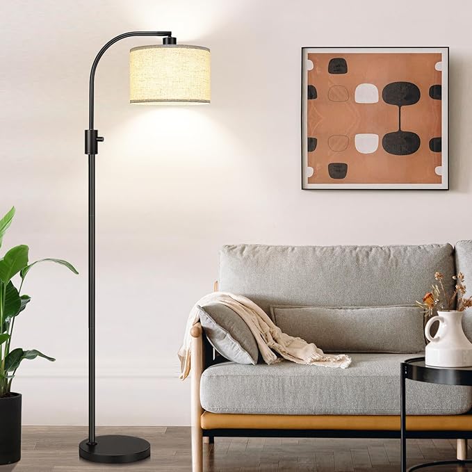 【Upgraded】 Dimmable Floor Lamp, 1200 Lumens LED Edison Bulb Included, Arc Floor Lamps for Living Room Modern Standing Lamp with Linen Shade, Black Tall Lamp for Living Room Bedroom Office Dining Room - LeafyLoom