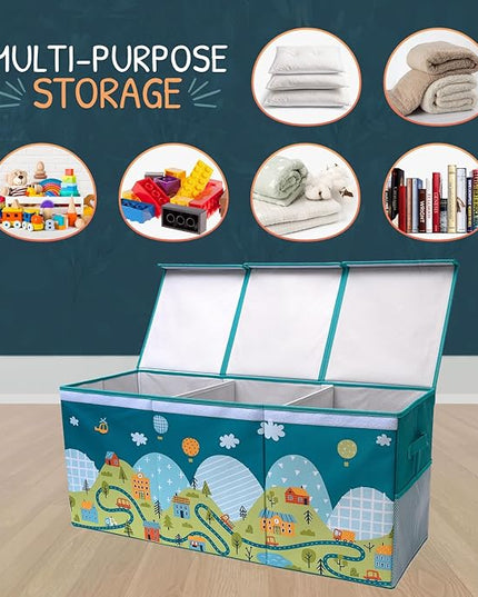Extra Large Toy Storage Organizer with Lid - Sturdy, Collapsible Toy Chest Storage Box with Cute Design - Toys Bin with Dividers for Kids, Boys, Girls, Nursery, Bedroom, Play room 37"x16"x14" - LeafyLoom