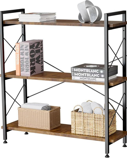 Industrial Bookshelf,Rustic Open Shelf Bookcase,3 Tier Book Shelf for Bedroom Office Living Room,Small Bookshelf for Small Spaces with Metal Frame - LeafyLoom
