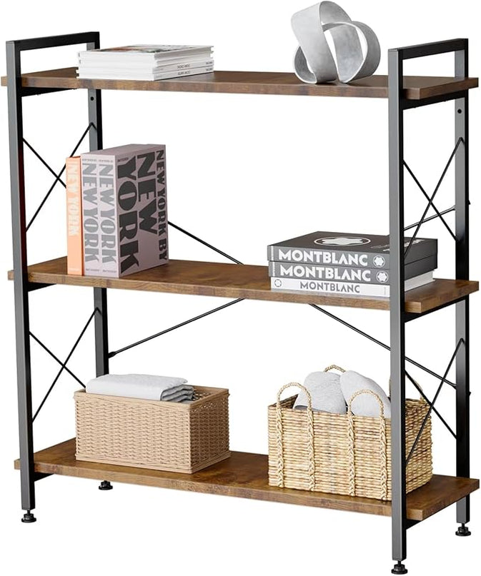 Industrial Bookshelf,Rustic Open Shelf Bookcase,3 Tier Book Shelf for Bedroom Office Living Room,Small Bookshelf for Small Spaces with Metal Frame - LeafyLoom