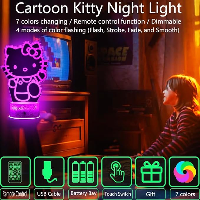 Cat Light, Cartoon Kitty Design 3D LED Lamp Gift Ideas in Kids Room Kitty Decor Lamp Most Wished for in Night Light for Kids Gifts 7 Color Change with Remote, Timer, for Kids Themed Gift for Cat Lover - LeafyLoom