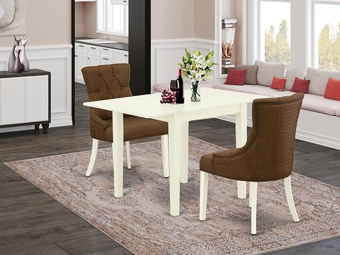 East West Furniture NDFR3-LWH-18 Norden 3 Piece Set Contains a Rectangle Dining Room Table with Dropleaf and 2 Brown Linen Fabric Upholstered Parson Chairs, 30x48 Inch - LeafyLoom