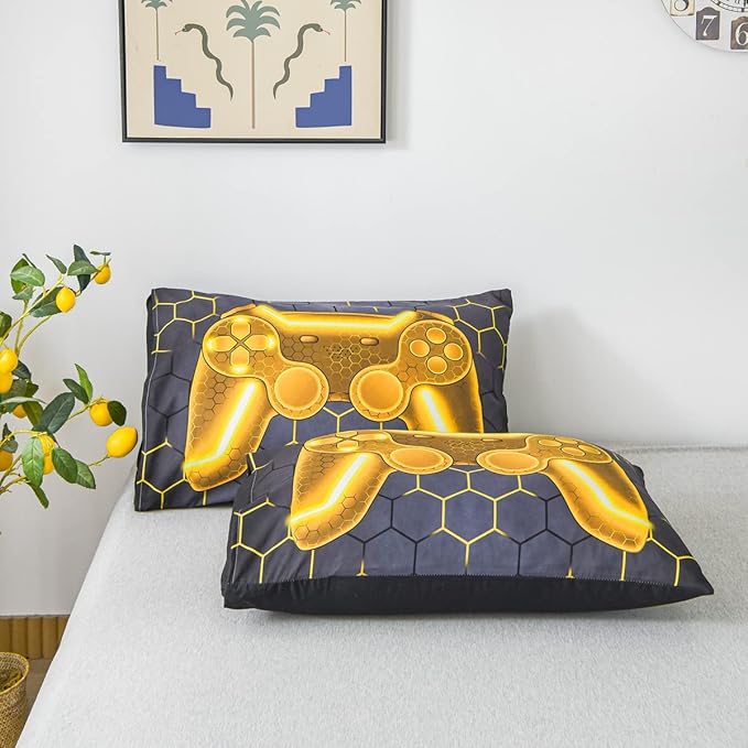 NTBED Gold Game Console Comforter Set Queen for Boys Girls Kids 3D Gaming Geometric Lightweight Microfiber Bedding Sets - LeafyLoom