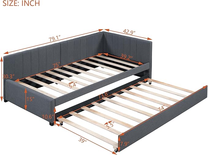 Merax Twin Size Upholstered Daybed with Trundle Wooden Sofa Bed Frame for Living, Guest, Children's Room, No Box Spring Needed, Easy Assembly, Gray - LeafyLoom