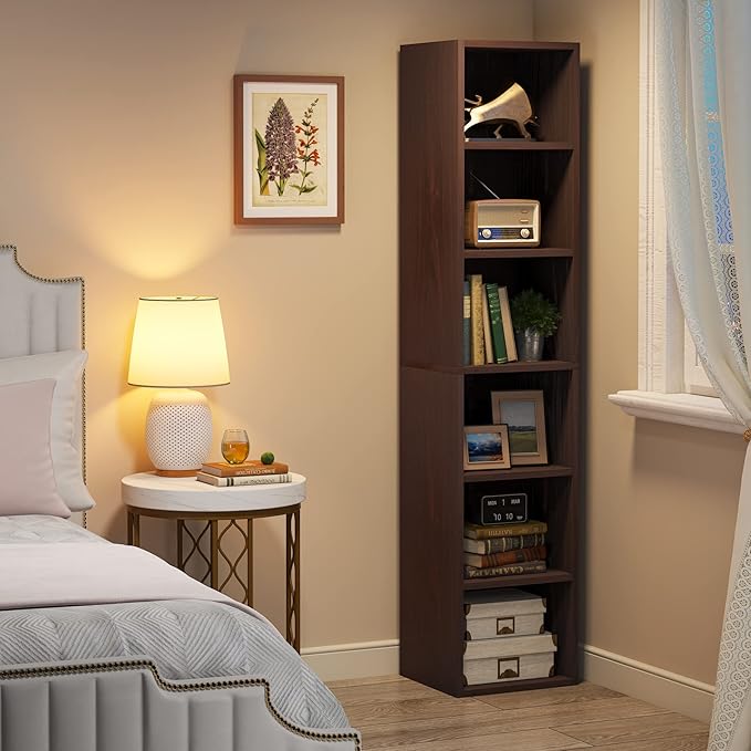 70.9 Inch Tall Narrow Bookcase, Corner Bookshelf 6 Tier Cube Display Shelf Storage Organizer for Small Space, Brown - LeafyLoom