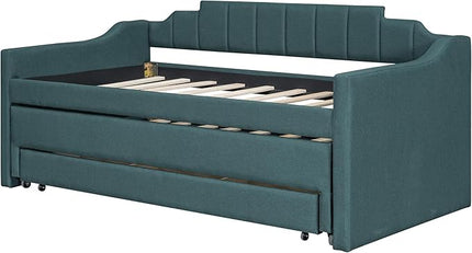 Merax Twin Size Upholstered Daybed with Trundle and Three Storage Drawers, Comfy Sofa-Bed & Padded Backrest for Living Room, Guest Room, Apartments, Both Side Armrests, Solid Wood Slats Support, Green - LeafyLoom