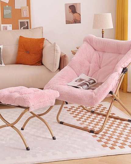 Tiita Saucer Chair with Ottoman, Soft Faux Fur Oversized Folding Accent Chair,Lounge Lazy Chair, Metal Frame Moon Chair for Bedroom, Living Room, Dorm Rooms, Garden and Courtyard - LeafyLoom