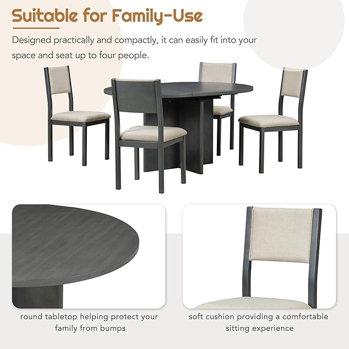 NicBex Small Dining Table Set for 4 Kitchen Table and Chairs 5-Piece Retro Functional Dining Set, 1 Extendable Table with a 16-inch Leaf and 4 Upholstered Chairs for Dining Room and Kitchen, White - LeafyLoom