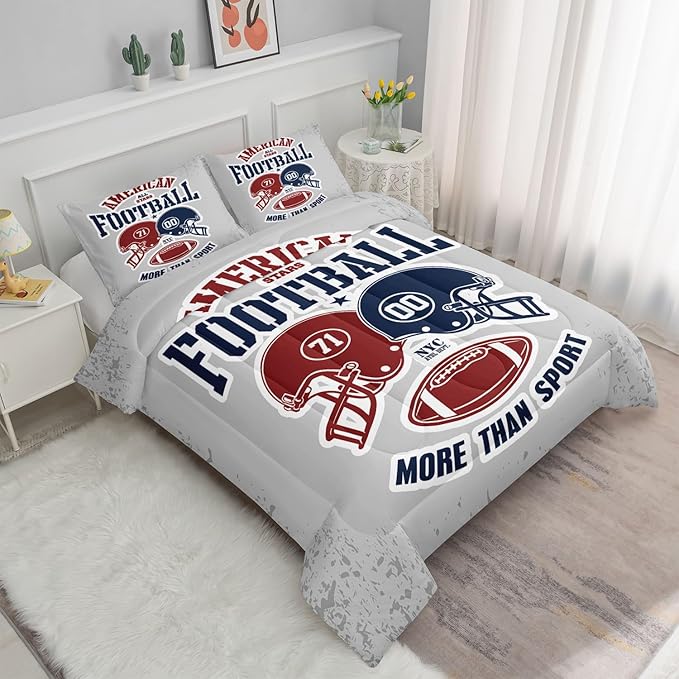 Datura home American Football Comforter Set Vintage Grey American Football Printed Quilt Bedding Set with 1 Comforter and 2 Pillowcases for Boys and Girls Bedroom All Season(Football Grey Queen) - LeafyLoom