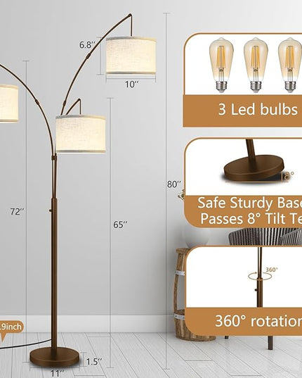 Dimmable Arc Floor Lamps for Living Room-Modern 3 Lights arch Floor Lamp, Mid Century Tall Standing Reading Lamp for Bedroom Office Include Bulbs (Brown) - LeafyLoom