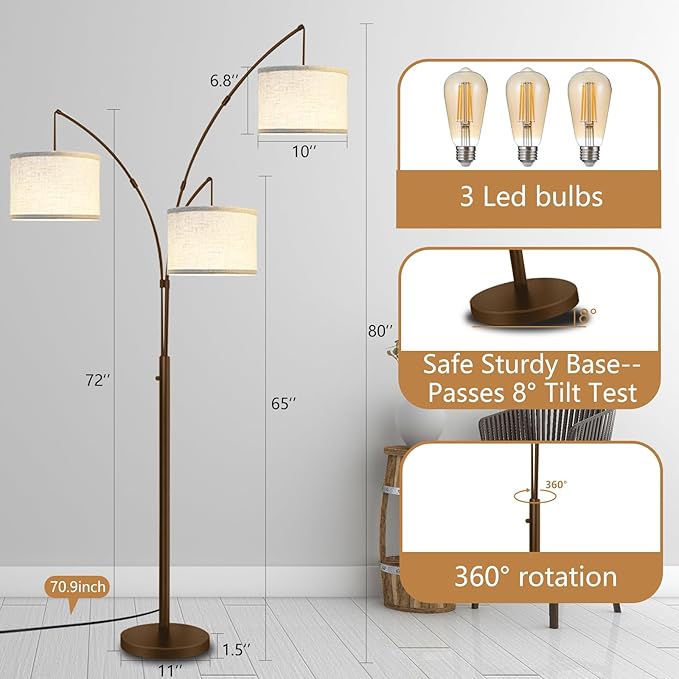 Dimmable Arc Floor Lamps for Living Room-Modern 3 Lights arch Floor Lamp, Mid Century Tall Standing Reading Lamp for Bedroom Office Include Bulbs (Brown) - LeafyLoom