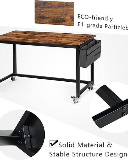 AHB 55" Rolling Computer Desk with 4 Smooth Wheels, Simple Style Mobile Writing Desk Home Office Study Table Movable Workstation with Metal Frame - LeafyLoom