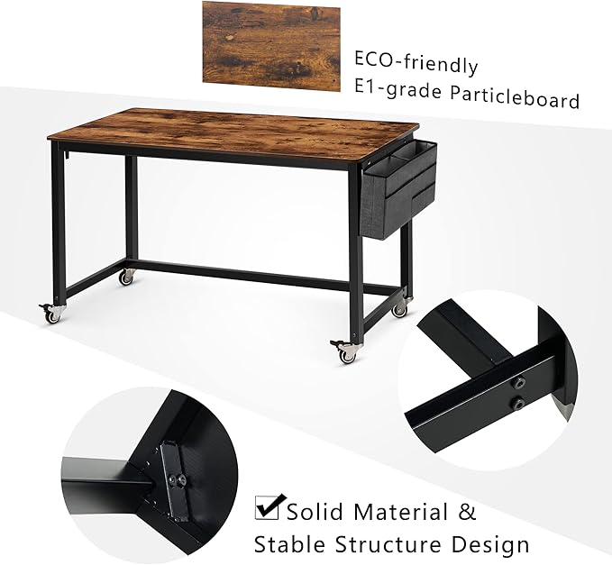 AHB 55" Rolling Computer Desk with 4 Smooth Wheels, Simple Style Mobile Writing Desk Home Office Study Table Movable Workstation with Metal Frame - LeafyLoom