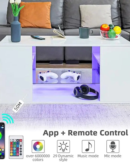 HOMMPA LED Coffee Tables for Living Room Modern White Coffee Table with 3 Shelves Open Glass Storage High Glossy Center Table Sofa Cocktail Table with 16 Colors LED Lights for Home Furniture White - LeafyLoom