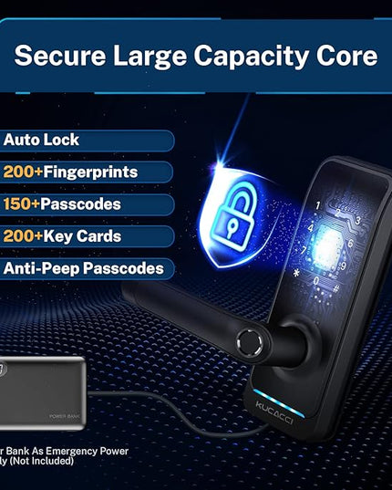 Smart Door Lock with Handle: Kucacci Keyless Entry Digital Door Lock for Front Door - Fingerprint Keypad Smart Dnob - Generate Passcode Remotely - App Control - Easy Installation(Black) KeylessLockforSmartHome