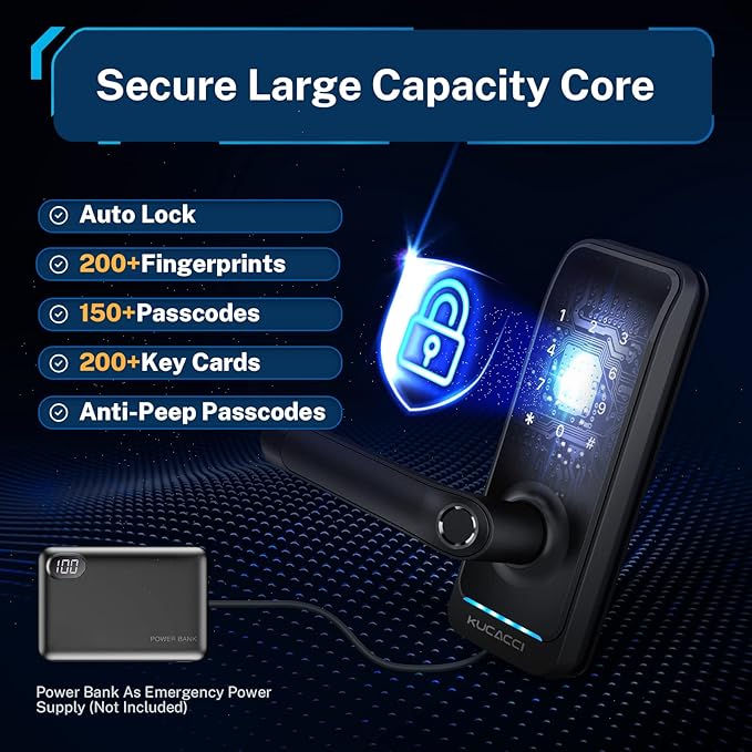 Smart Door Lock with Handle: Kucacci Keyless Entry Digital Door Lock for Front Door - Fingerprint Keypad Smart Dnob - Generate Passcode Remotely - App Control - Easy Installation(Black) KeylessLockforSmartHome