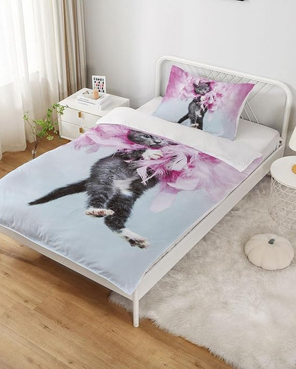 Cat Comforter Twin, Cat Bedding Set Twin Size for Kids, Cat Comforter Set for Girls and Boys, Pink Feathers Black Cat 3Pcs(1Summer Comforter+ 2 Pillowcases) Lovely Animal Pets Duvet Set - LeafyLoom