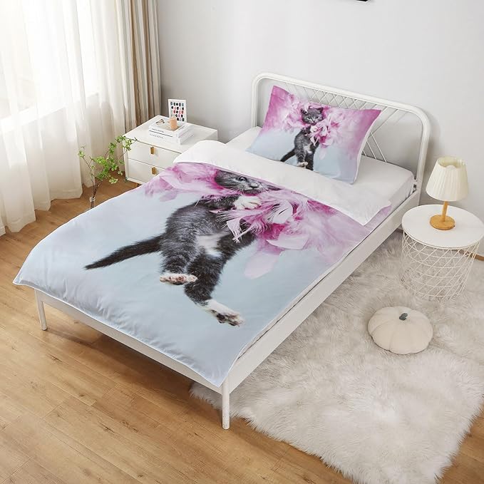 Cat Comforter Twin, Cat Bedding Set Twin Size for Kids, Cat Comforter Set for Girls and Boys, Pink Feathers Black Cat 3Pcs(1Summer Comforter+ 2 Pillowcases) Lovely Animal Pets Duvet Set - LeafyLoom