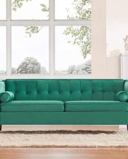 Dreamsir 58'' W Velvet Sofa, Mid-Century Love Seats Sofa Furniture with Bolster Pillows, Button Tufted Couch for Living Room, Tool-Free Assembly (Loveseat, Green) - LeafyLoom