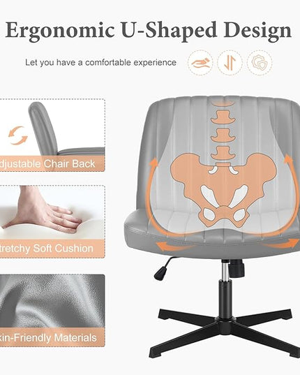 Sweetcrispy Criss Cross Chair Legged, Armless Office Desk Chair No Wheels, Swivel Vanity Chair, Height Adjustable Wide Seat Computer Task Chair, PU Leather Vanity Modern Home Chair Sliver - LeafyLoom