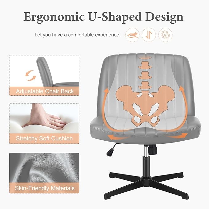 Sweetcrispy Criss Cross Chair Legged, Armless Office Desk Chair No Wheels, Swivel Vanity Chair, Height Adjustable Wide Seat Computer Task Chair, PU Leather Vanity Modern Home Chair Sliver - LeafyLoom