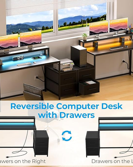 GreenForest Small Desk for Bedroom, 39.4 inch Computer Desk with 2 Drawers, Gaming Desk with LED Light and Power Outlet, Reversible Office Desk with Monitor Stand, Desk for Small Spaces, Black - LeafyLoom