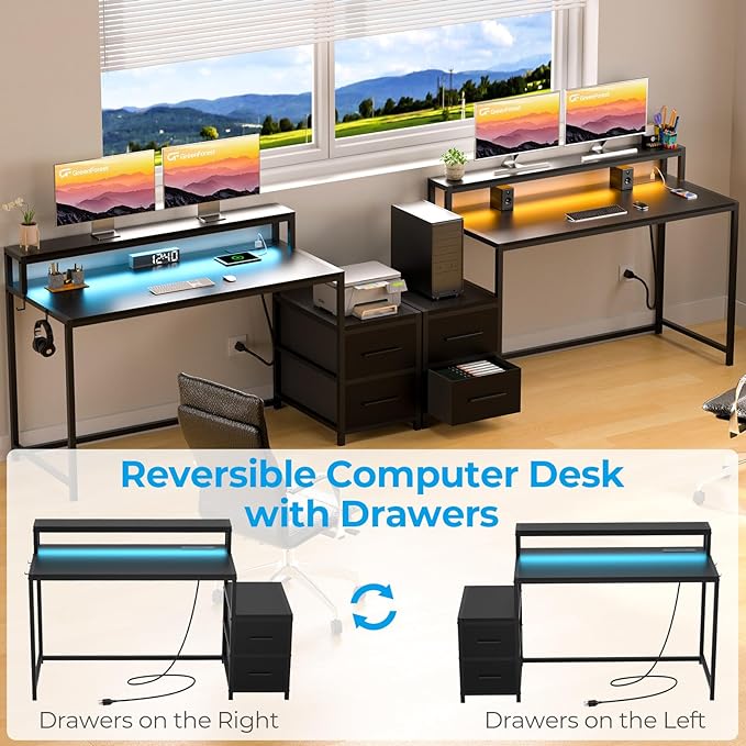 GreenForest Small Desk for Bedroom, 39.4 inch Computer Desk with 2 Drawers, Gaming Desk with LED Light and Power Outlet, Reversible Office Desk with Monitor Stand, Desk for Small Spaces, Black - LeafyLoom