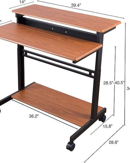 Stand Up Desk Store Rolling Adjustable Height Two Tier Standing Desk Computer Workstation (Black Frame/Teak Top, 40" Wide) - LeafyLoom