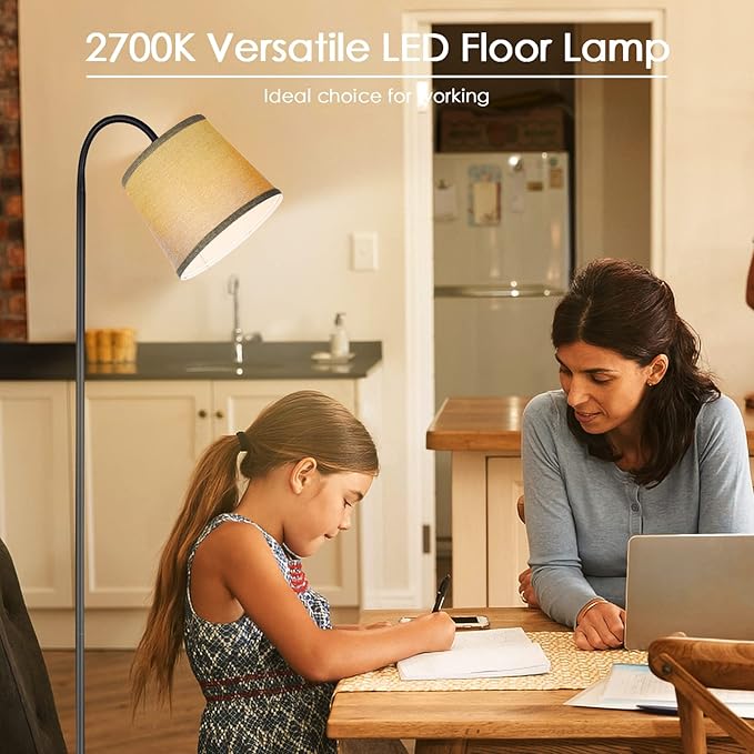 LED Floor Lamp, Standing Lamp for Living Room with Linen Lamp Shade,Adjustable Gooseneck Modern Reading Light,Floor Lamps for Bedroom,Office,Farmhouse,12W LED Bulb Included - LeafyLoom