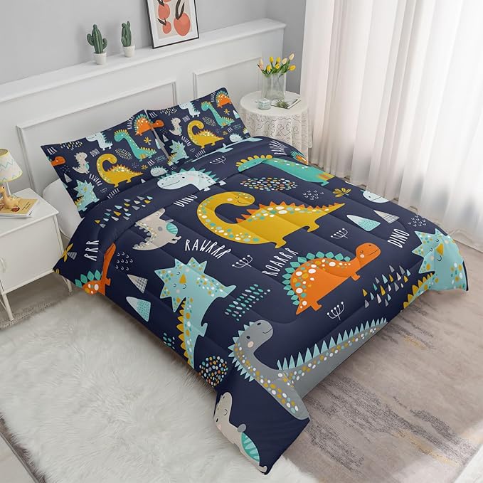 Datura home Bedding Comforter Set Kawaii Cartoon Dinosaur Printed Pattern with 1 and 2 Pillowcases for Boys Bedroom All Season(Cute Dinosaur Full) Full 80x90inches - LeafyLoom