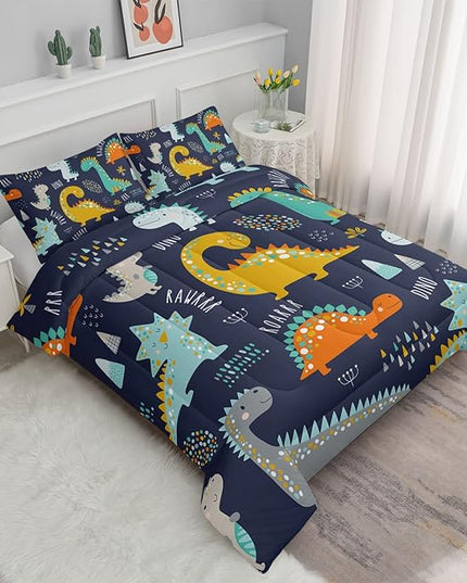 Datura home Bedding Comforter Set Kawaii Cartoon Dinosaur Printed Pattern Bedding Set with 1 Comforter and 2 Pillowcases for Boys Bedroom All Season(Cute Dinosaur Twin), Twin 68x86inches - LeafyLoom