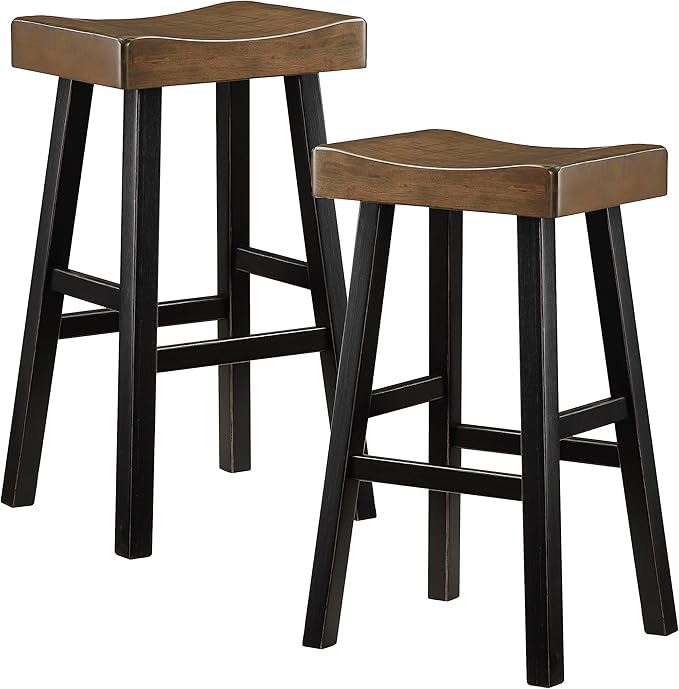 Lexicon Saddle Bar Stools Set of 2 Barstools with Footrest, Armless Dining Chairs for Kitchen Island, Breakfast Nook, Living Room, Pub Height, Black/Brown - LeafyLoom