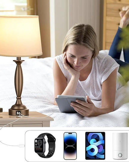 White Brown Lamps for Bedrooms Set of 2 - Touch Control Bedside Lamp with USB C+A, 3 Way Dimmable Nightstand Lamps with USB Port, Table Lamp for Living Room(White Shade and Brown Base) - LeafyLoom