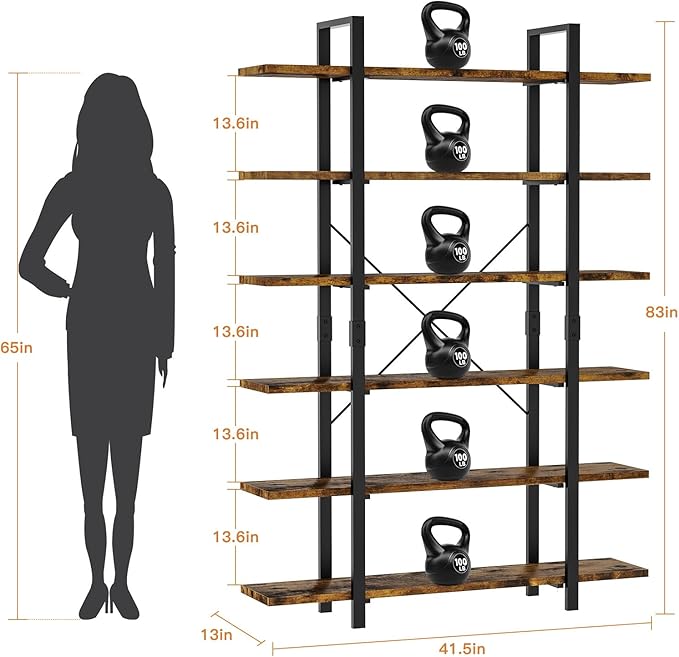 6 Tier Bookshelf, 83 inch Tall Bookcase Industrial Wooden Bookshelves Large Wall Etagere Rustic Vintage Book Shelf with Metal Frame Open Storage Rack for Living Room Home Office - LeafyLoom