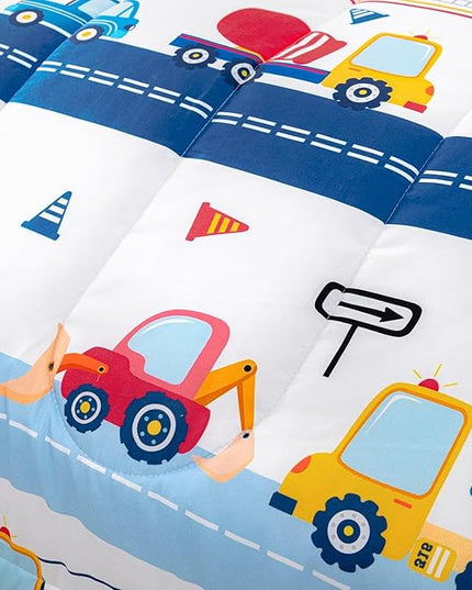 Cartoon Car Kids Comforter Set Full,Construction Bedding Set Equipment Trucks Comforter Excavator Tractor Quilt Set with 1 Comforter 2 Pillowcases for Boys Girls Teens Adults Bedroom Decor(Blue Red) - LeafyLoom