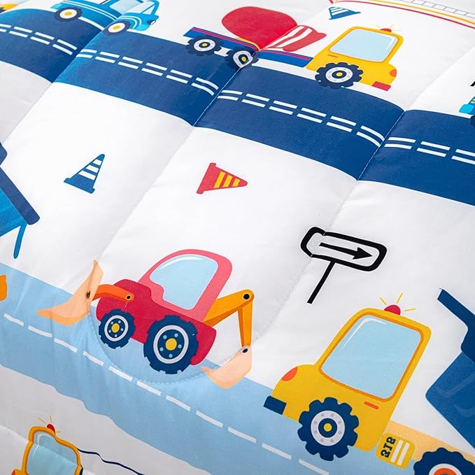 Cartoon Car Kids Comforter Set Full,Construction Bedding Set Equipment Trucks Comforter Excavator Tractor Quilt Set with 1 Comforter 2 Pillowcases for Boys Girls Teens Adults Bedroom Decor(Blue Red) - LeafyLoom