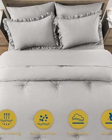 Twin Bed in a Bag 5 Pieces Comforter Set Twin, Ruffle Shabby Chic Bedding Comforter Set Light Grey Bed Set with Comforter, Pillowcase, Flat Sheet, Fitted Sheet and Pillow Sham - LeafyLoom