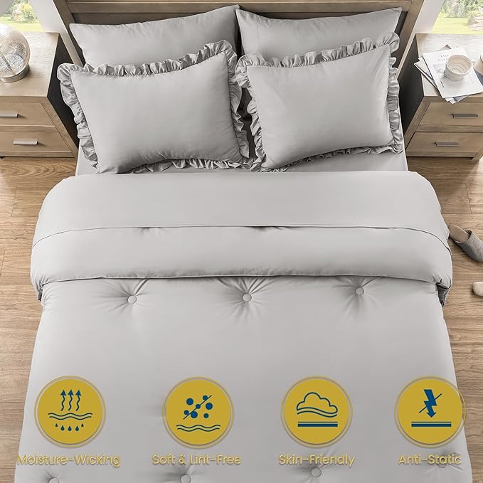 Twin Bed in a Bag 5 Pieces Comforter Set Twin, Ruffle Shabby Chic Bedding Comforter Set Light Grey Bed Set with Comforter, Pillowcase, Flat Sheet, Fitted Sheet and Pillow Sham - LeafyLoom