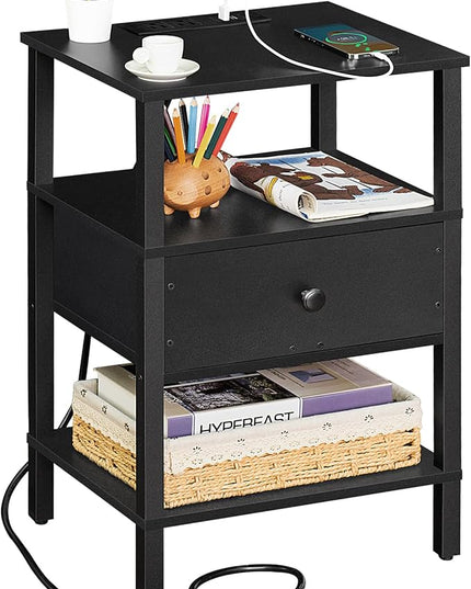 Lerliuo Nightstand with Charging Station and USB Ports, 3-Tier Storage End Table with Drawer Shelf, Night Stand for Small Spaces, Wood Bed Side Table for Living Room, Bedroom - Classic Black - LeafyLoom