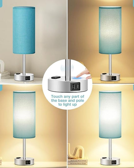 Turquoise Nightstand Table Lamp for Bedroom - 3 Way Dimmable Touch Lamp USB A and C Charging Ports and AC Outlet, Small Lamp for Office Desk with Metal Base, LED Bulb Included - LeafyLoom