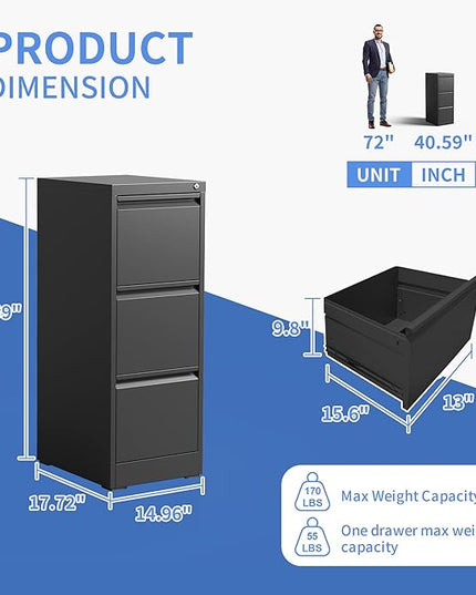 Vertical File Cabinet with Drawers, 3 Drawer File Cabinet for Home Office, Locking File Cabinet Hanging Files for A4/ Legal/Letter, Black - LeafyLoom